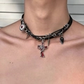 Y2K punk layered necklace with red skull cross and silver pendants on model - Red Skull Cross Multi-Layer Leather Cord Necklace (X3743)