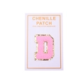 Detail von rosa Chenille-Buchstabe D Patch mit goldenem Glitzerrand und Kleberückseite - Buchstabe D / Rosa