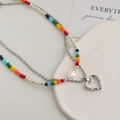 Collana a doppio strato con perline arcobaleno, ciondolo a cuore e faccina - Stile a Strati / Collana di Perline a Cuore Cavo