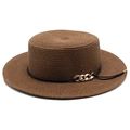 Chapeau de paille à sommet plat avec cordon noir et chaîne dorée pour vacances à la plage - M (56-58cm) / Marron