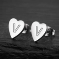 Minimalist heart-shaped stainless steel earrings featuring letter V with brushed finish - Letter V / Steel