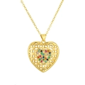 Golden heart necklace featuring hollow metal pattern and colorful zircon stones on white background - Multi-hole Hollow Heart / Gold-Multicolor Zirconia