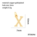 Macro view of gold plated copper letter X pendant with detailed size and weight specs - Letter X