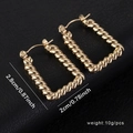 Golden twisted rectangle hoop earrings with size and weight specs on black leather - Twisted Rope Rectangle