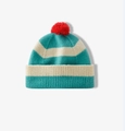 Detail of teal and cream striped knit beanie featuring a vibrant red pom-pom topper - One Size / Aqua Blue Beige