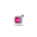 Square silver stud earring featuring a faceted pink gemstone with crystal halo - Pink (Single Piece)