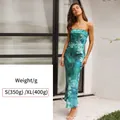 Elegant backless green floral print satin tube dress for a sophisticated summer look - S / Green Floral