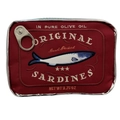 Red sardine tin storage bag with embroidery and metal ring pull zipper detail - Burgundy