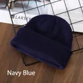 Autumn winter navy blue knitted beanie hat with wide fold cuff and chunky knit pattern - Navy Blue