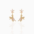Detail of 18K gold dangling earrings featuring stars and cute rabbit charms with pink gems - Rabbit Star Drop Earrings (EH00542)