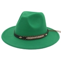 Detail of emerald green wool felt fedora featuring leather band and ethnic woven rope - M (56-58cm) / Grass Green