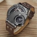Reloj de hombre estilo steampunk con doble huso horario y correa de cuero marrón - Esfera Negra (9591)