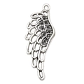 Antique silver feather wing alloy pendant with hollow design and detailed metallic texture - Single-sided Wings (10050)