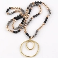 Bohemian sweater chain with natural semi-precious stones and golden double-ring pendant - Black Grey Series / Golden Double Ring