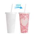 710ml color changing cold cup with straws, white turns to pink with red hearts - 701-800ml / Open Heart Style