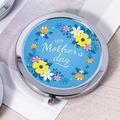 Silver compact makeup mirror with blue floral print and Happy Mother's Day text - Blue Background Mother's Day