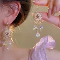 Detail of silver needle drop earrings featuring zircon flower clusters and golden finish - 22# Ear Hook - Gold - Pink