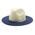 Detail of two-tone woven straw panama hat with cream crown and navy blue wide brim - M (56-58cm) / Cream White + Navy Blue