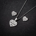 Silver geometric hollow heart jewelry set with pendant necklace and matching stud earrings - Hollow Heart / Steel