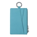 Sky blue litchi grain leather card holder with zip closure and silver metal ring - Lake Blue