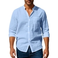 Detail view of light blue linen shirt featuring a mandarin collar and breathable texture - S / Light Blue