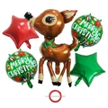 5pcs Christmas reindeer balloon set with red green stars for holiday party decor - Brown Reindeer and Star Balloons