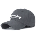 Dark grey distressed baseball cap with white 3D letter embroidery and frayed details - Gray