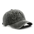 Vintage black washed cotton baseball cap featuring retro New York patch embroidery - Adjustable / Black