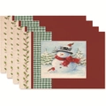 Set of 4 Christmas placemats featuring snowmen and robins with red plaid borders - Style 10