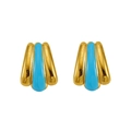 Macro detail of fan-shaped gold earrings with turquoise enamel inlay and vintage texture - 18K Gold / Blue
