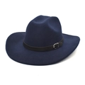 Close-up of navy wool felt fedora hat featuring a brown leather band and silver buckle - M (56-58cm) / Navy Blue
