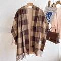 Classic thick plaid cashmere scarf with fringes for winter, brown and beige color palette - Large Plaid Coffee