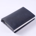 Slim RFID-blocking wallet with navy blue lychee leather and automatic pop-up card mechanism - PU Blue