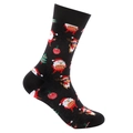 Black Christmas mid-calf socks featuring Santa Claus, reindeer, and tree patterns - One Size / Black Santa and Reindeer (1108)