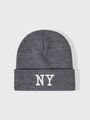 Close-up of high-quality white NY letter embroidery on dark grey knitted beanie - One Size / Medium Heather Grey