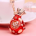 Lucky money bag keychain with red enamel and crystals, rose gold 福 charm accessory - Round Burgundy Fortune Pouch