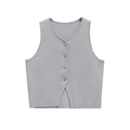 Gilet court en maille grise pour femme avec col en V profond et boutons en métal - S / Gris