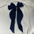 Elegant navy blue bow hair clip with long ribbon streamers made of silk-like fabric - Dark Blue