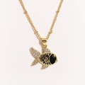 Close-up of golden goldfish pendant with clear crystals and black enamel on beaded chain - Black Goldfish