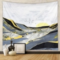 Detailed view of abstract landscape tapestry with gold accents on a beige interior wall - Grey Yellow Black Abstract Landscape (GT428-3)