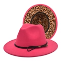 Detail of rose red wool jazz fedora with leopard print brim and metallic arrow accent - M (56-58cm) / Rose Red
