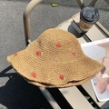Handmade straw sun hat in light brown with delicate red strawberry embroidery detail - L (58-60cm) / Strawberry Embroidery Khaki