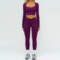 Completo yoga viola scuro da donna con leggings a vita alta a V e top corto a maniche lunghe - Taglia S / Top E Pantaloni / Top e Pantaloni / Viola Giga