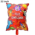 22-inch red square foil balloon with colorful cartoon animals and Feliz Cumpleaños text - 22 Inch Spanish Birthday Square