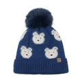 Close-up of knit winter hat featuring polar bear pattern and large fluffy faux fur pompom - M (52-54cm) / Blue