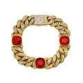 Bracelet gourmette doré de luxe avec de grandes pierres rouges et des strass étincelants - Or Rouge