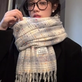 Women's warm beige checkered knit scarf with colorful polka dots and fringe tassels - Beige