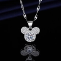 Sparkling silver Mickey head necklace with full diamond inlay and center round gemstone - Xl-147 [with Four-leaf Clover Chain]