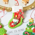 Christmas tree and red sock clay ornaments with festive bow decorations - Ice Cream Christmas Sock