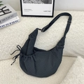 Dark grey checkered nylon croissant bag with adjustable strap and side drawstring details - Navy Blue